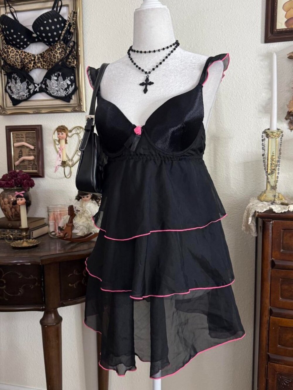 Y2k girly grunge dainty black and pink ruffled babydoll slip dress - Picture 2 of 8